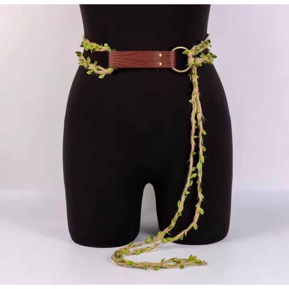 Woodland Ivy Vine Waist Belt Faux Wood Grain O-Ring Braided Jute Fairycore Boho